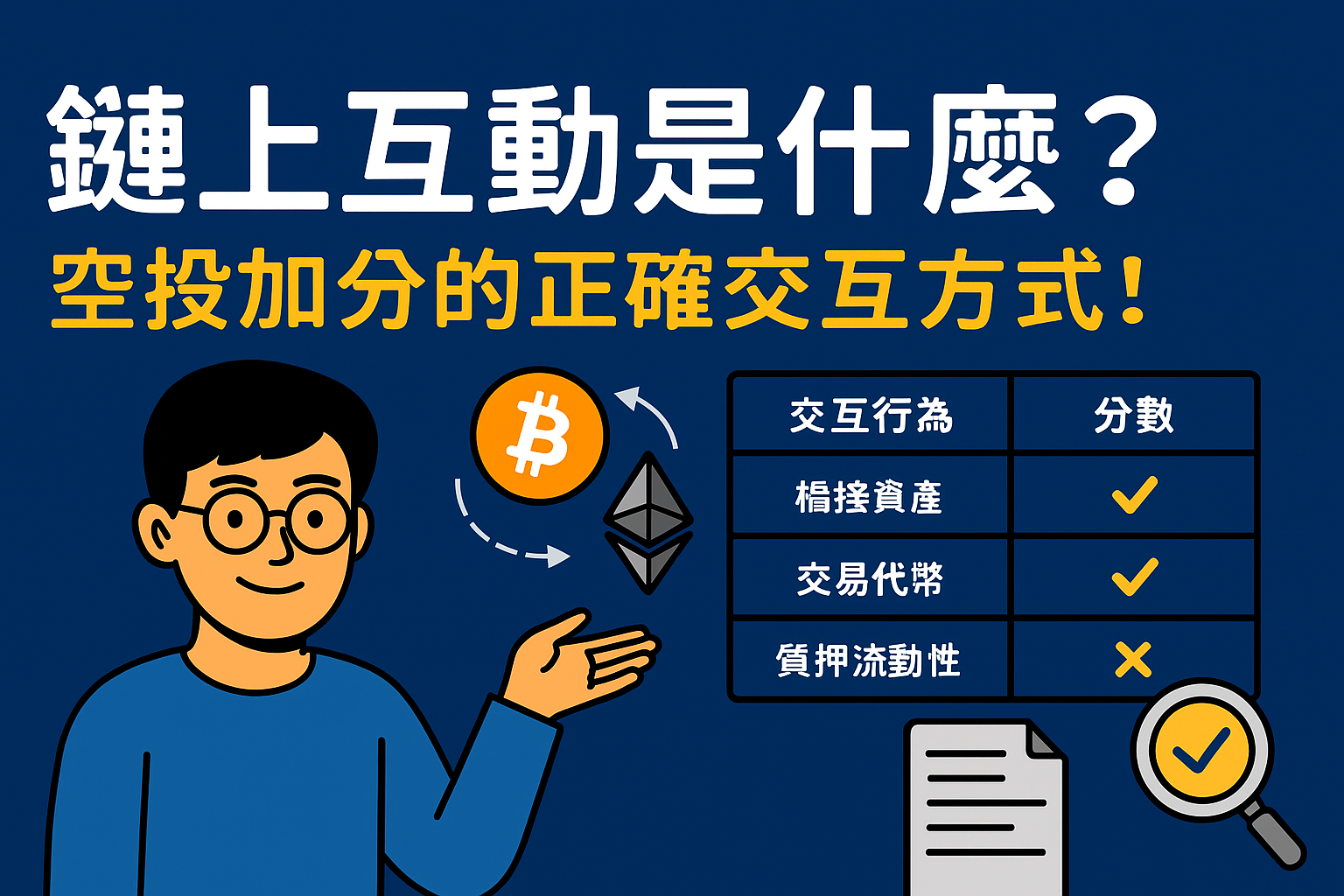 教學插圖:如何進行鏈上交互以提升空投分數,圖中顯示用戶與多個區塊鏈協議互動,包含橋接、Swap、質押與 NFT Mint 行為